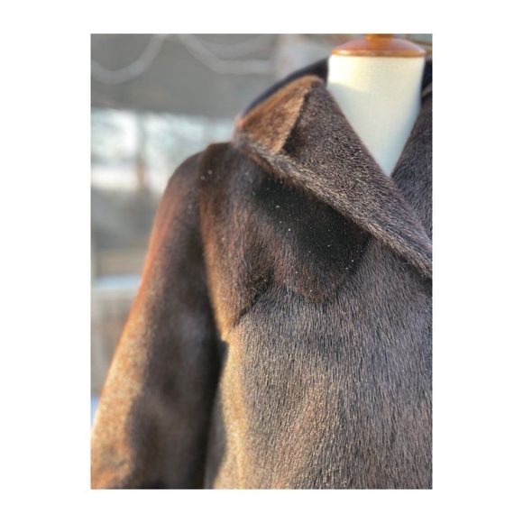 Vintage 50s Sheared Beaver Long Fur Coat Brown Balloon Sleeves Fuchsia Satin - Picture 6 of 16